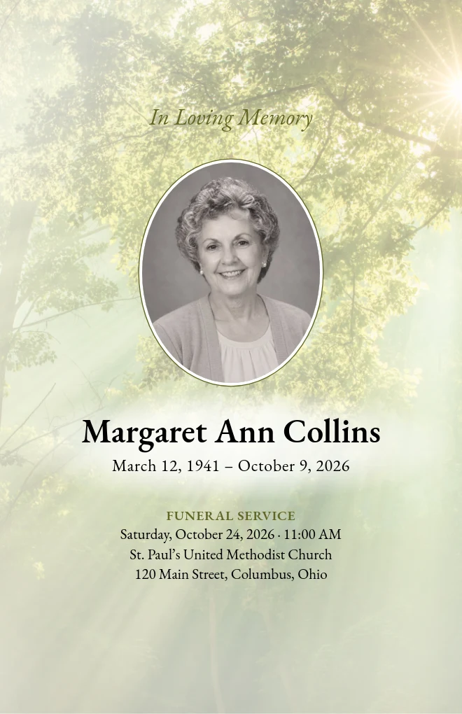 Forest Rays funeral program template with a portrait, for folded US Letter paper