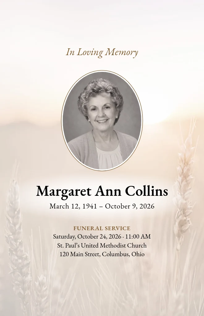 Golden Fields funeral program template with a portrait, for folded US Letter paper