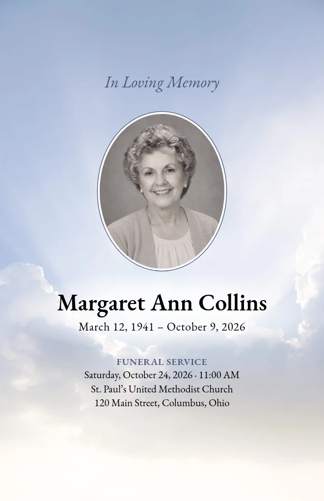 Heaven&rsquo;s Light funeral program template with a portrait, for folded US Letter paper