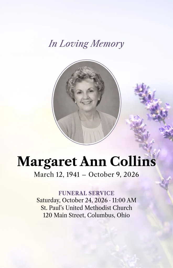 Lavender funeral program template with a portrait, for folded US Letter paper