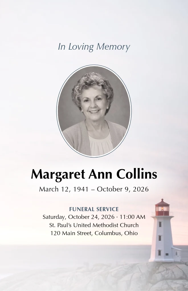 Lighthouse funeral program template with a portrait, for folded US Letter paper