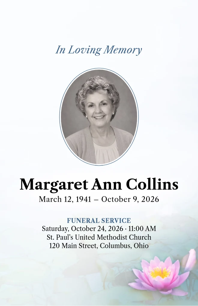 Lotus funeral program template with a portrait, for folded US Letter paper