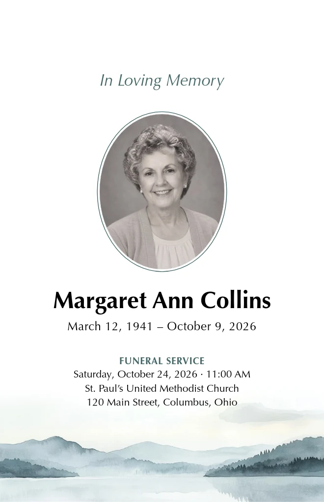 Misty Lake funeral program template with a portrait, for folded US Letter paper