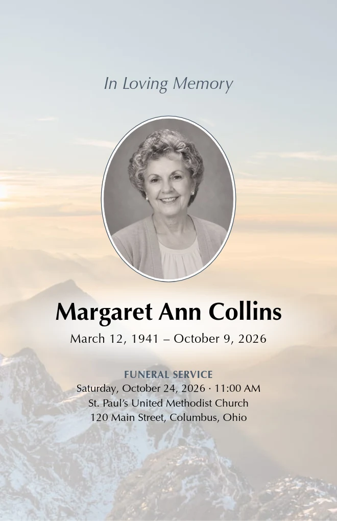 Mountain Light funeral program template with a portrait, for folded US Letter paper