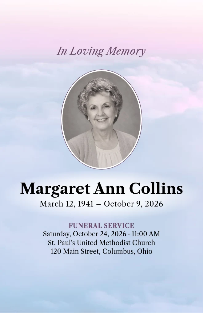 Pink Clouds funeral program template with a portrait, for folded US Letter paper