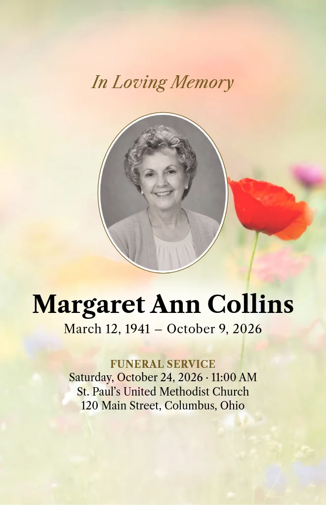 Poppies funeral program template with a portrait, for folded US Letter paper