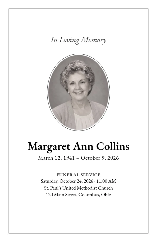 Simple funeral program template with a portrait, for folded US Letter paper