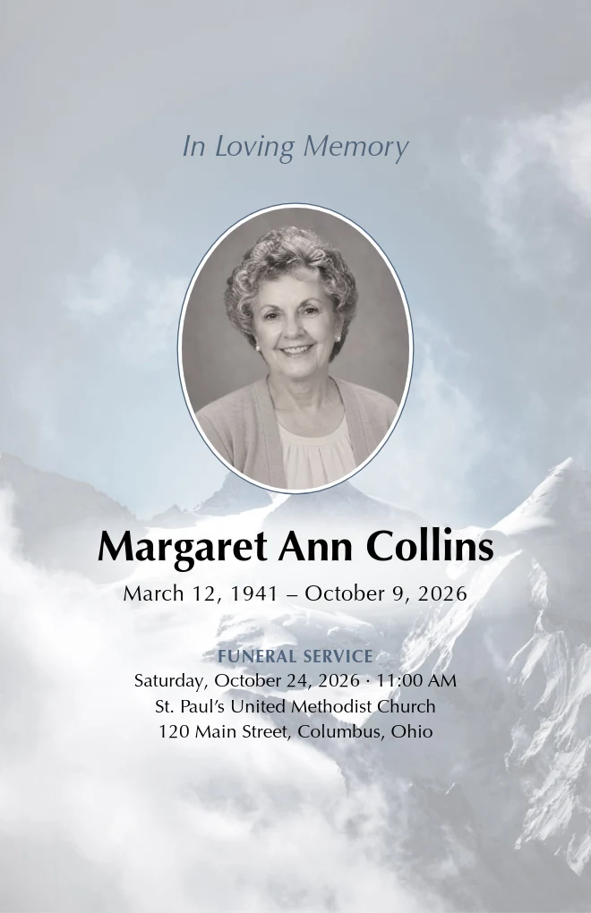 Snowy Peaks funeral program template with a portrait, for folded US Letter paper