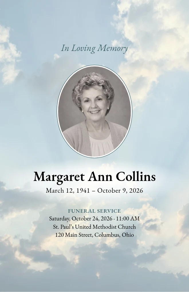 Sunbeams funeral program template with a portrait, for folded US Letter paper