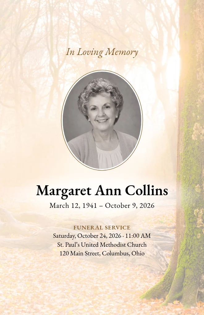 Sunlit Woods funeral program template with a portrait, for folded US Letter paper
