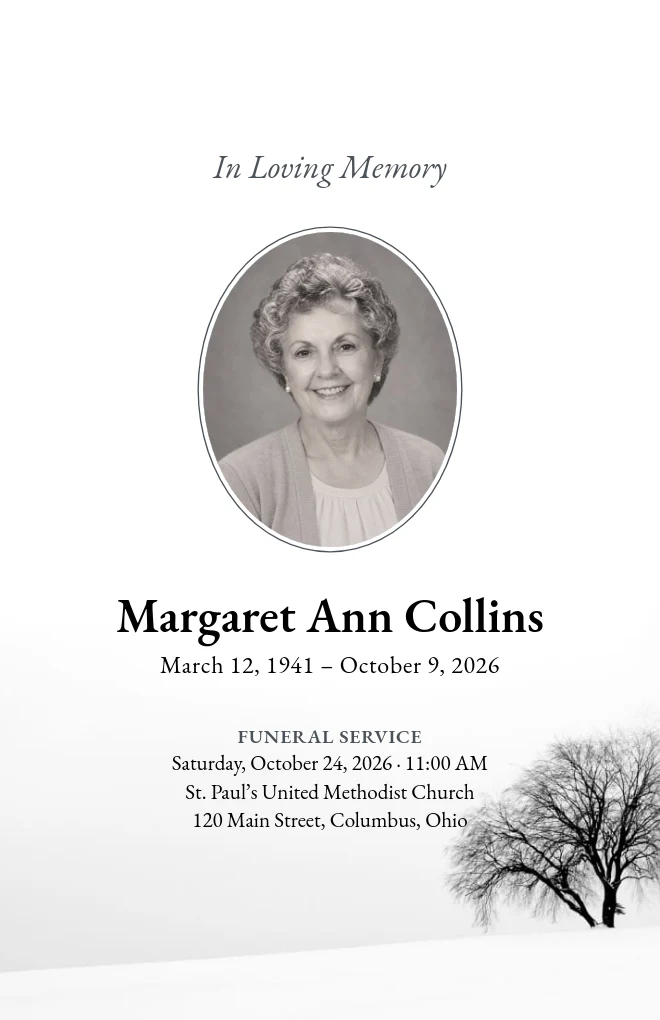 Winter Tree funeral program template with a portrait, for folded US Letter paper