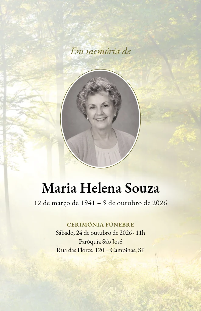 Modelo de programa de funeral Luz da floresta com retrato, para folha Carta dobrada