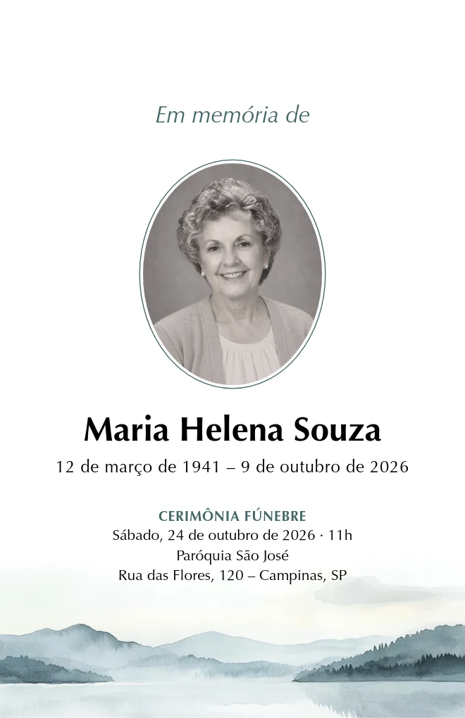 Modelo de programa de funeral Lago na n&eacute;voa com retrato, para folha Carta dobrada