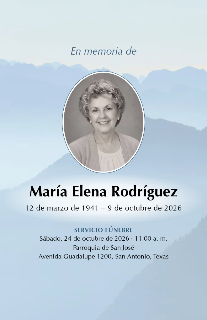 Plantilla de programa funerario Monta&ntilde;as azules con retrato, para hoja tama&ntilde;o carta doblada