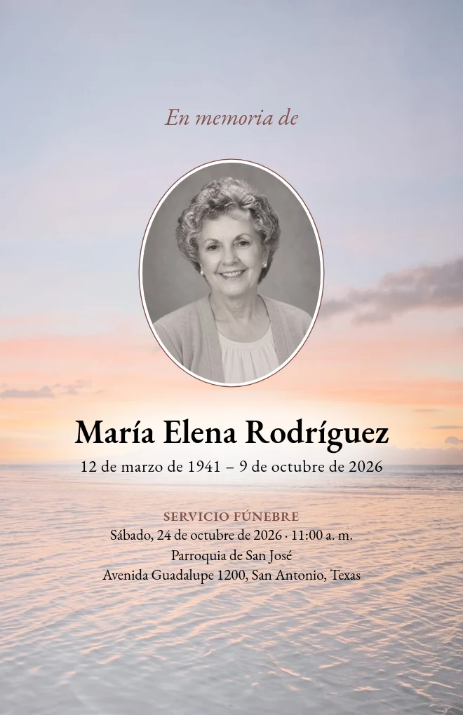 Plantilla de programa funerario Mar al atardecer con retrato, para hoja tama&ntilde;o carta doblada