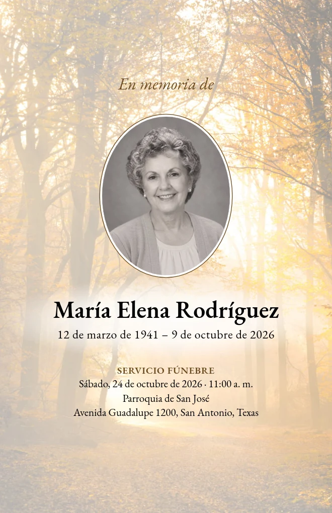 Plantilla de programa funerario Bosque dorado con retrato, para hoja tama&ntilde;o carta doblada