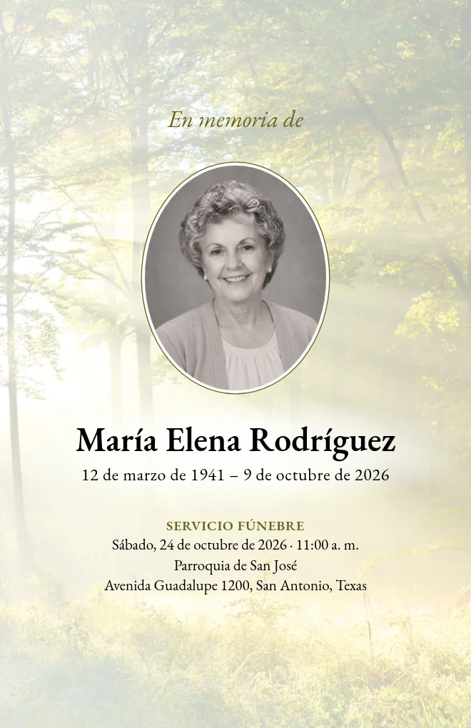 Plantilla de programa funerario Luz del bosque con retrato, para hoja tama&ntilde;o carta doblada
