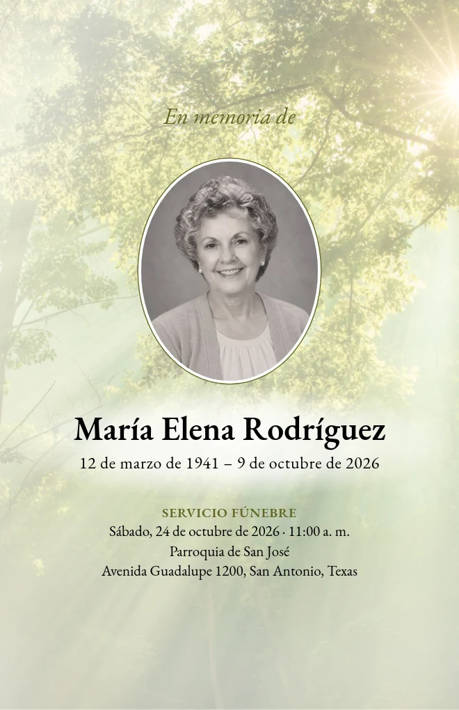 Plantilla de programa funerario Rayos en el bosque con retrato, para hoja tama&ntilde;o carta doblada
