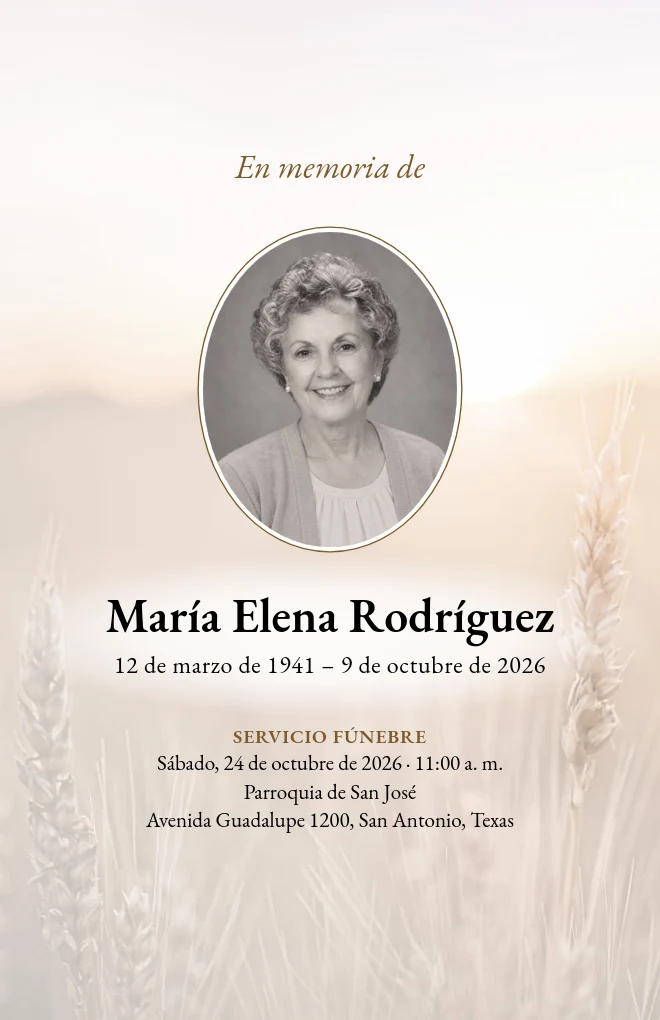 Plantilla de programa funerario Campos dorados con retrato, para hoja tama&ntilde;o carta doblada