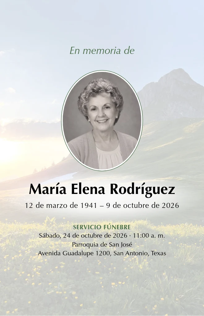 Plantilla de programa funerario Colinas verdes con retrato, para hoja tama&ntilde;o carta doblada