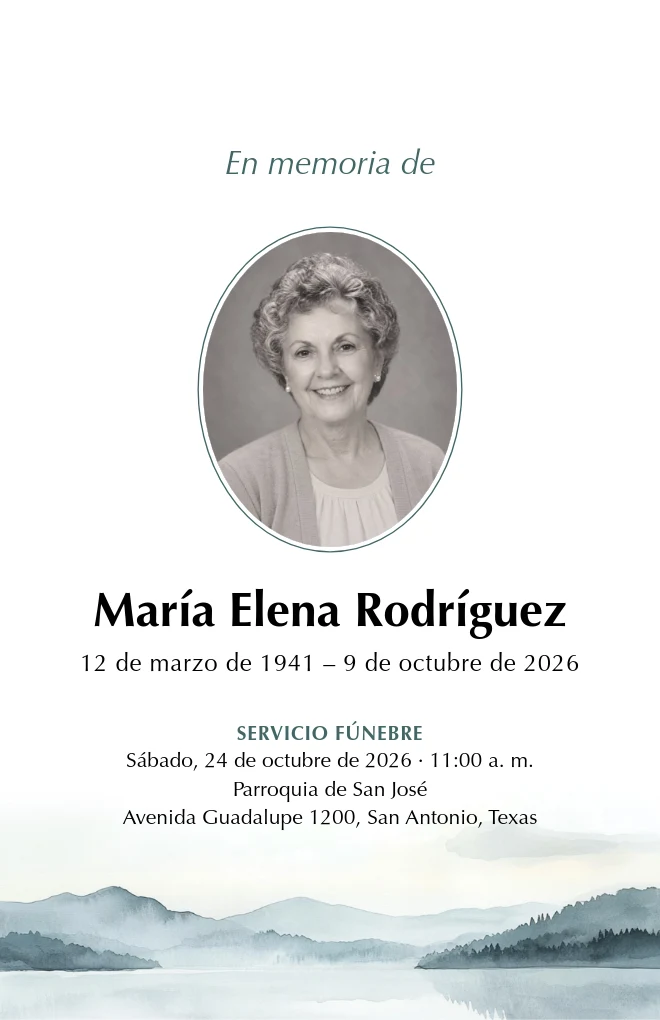 Plantilla de programa funerario Lago en la niebla con retrato, para hoja tama&ntilde;o carta doblada