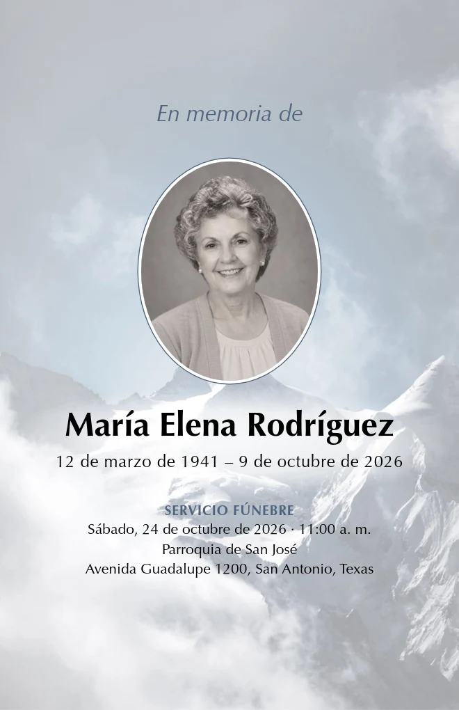 Plantilla de programa funerario Cumbres nevadas con retrato, para hoja tama&ntilde;o carta doblada