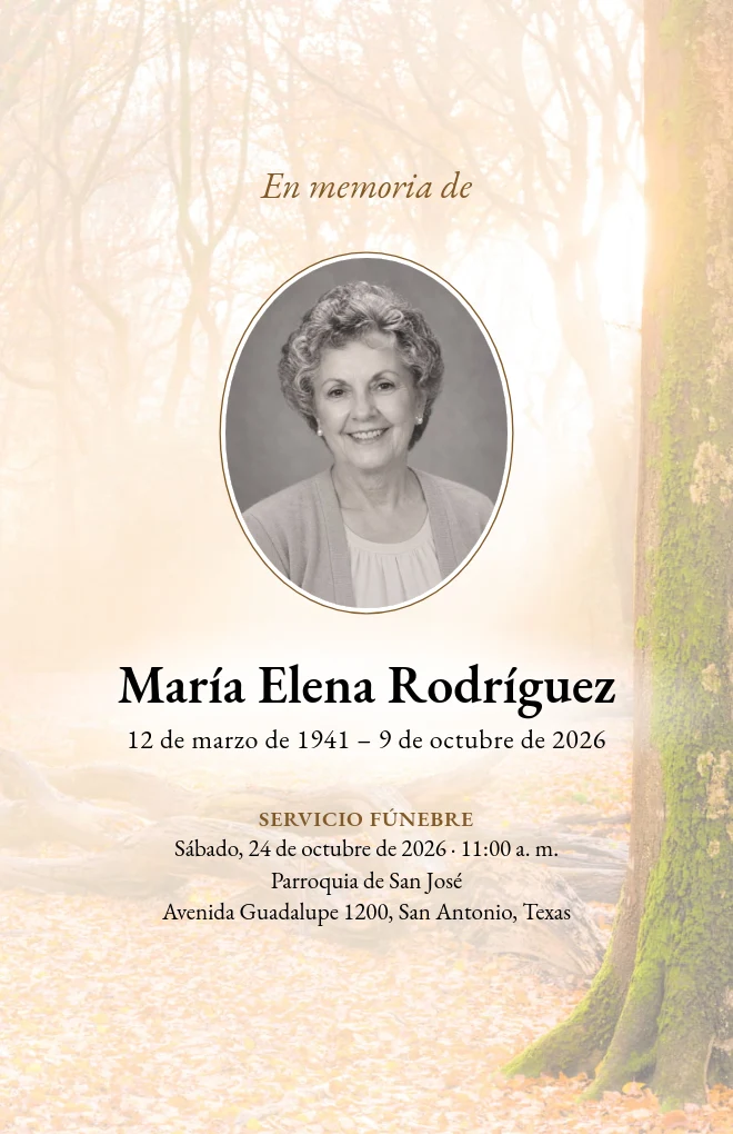 Plantilla de programa funerario Bosque soleado con retrato, para hoja tama&ntilde;o carta doblada
