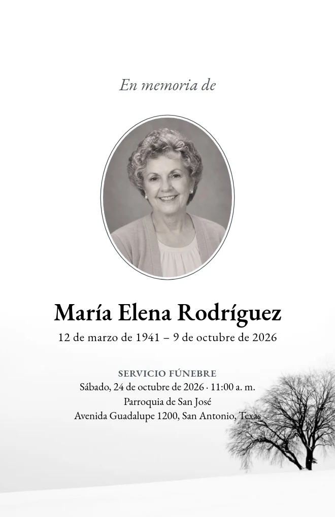 Plantilla de programa funerario &Aacute;rbol de invierno con retrato, para hoja tama&ntilde;o carta doblada